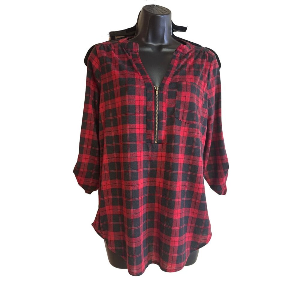 Always Indigo S Buffalo Plaid Half Zip Pull On Blouse